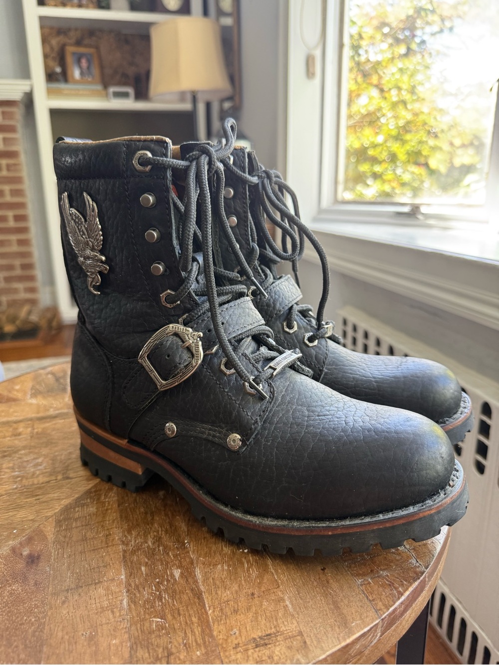 Harley-Davidson Pebbled Leather Lace-Up Combat Boots with Silver Tone Buckles 7